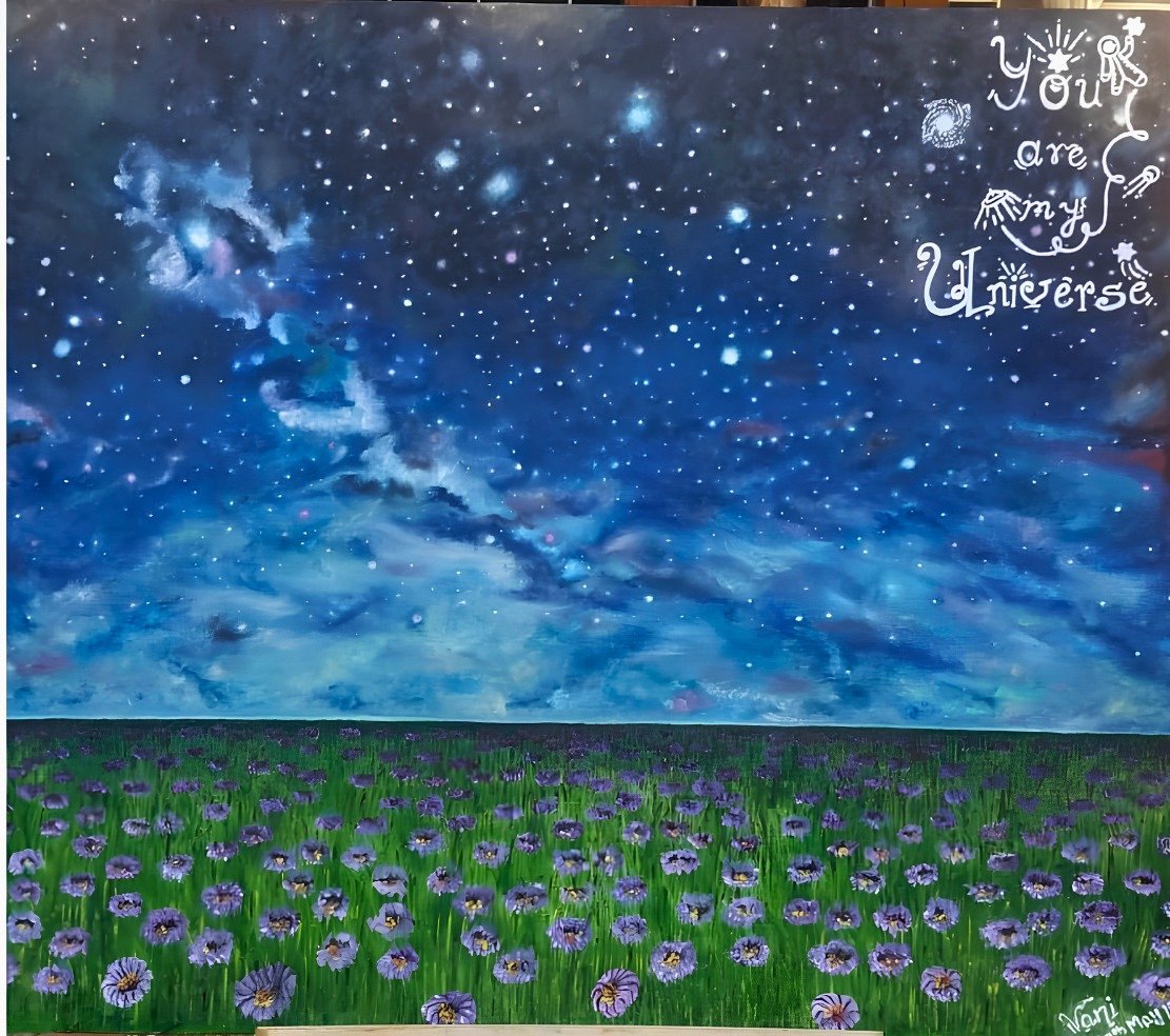 You Are My Universe, an original oil painting by Vani Kaushal depicting a star-filled galaxy above a field of flowers.