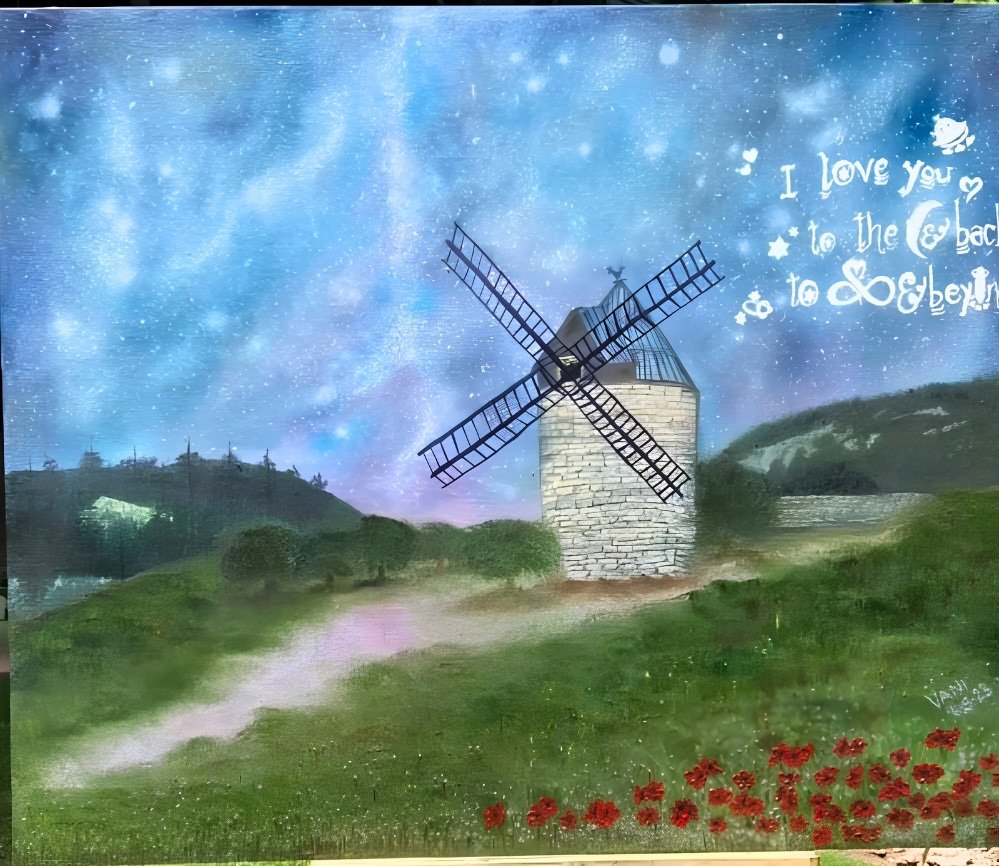 I Love You to the Moon and Back, to Infinity and Beyond, an original oil painting by Vani Kaushal featuring a windmill beneath a luminous star-filled sky.