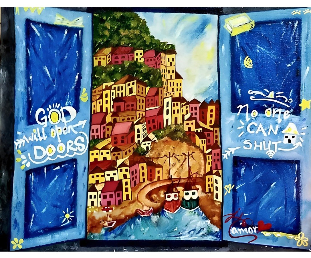 God Will Open Doors No One Can Shut, an original oil painting by Vani Kaushal showing blue doors opening onto a colourful Santorini-inspired coastal town.