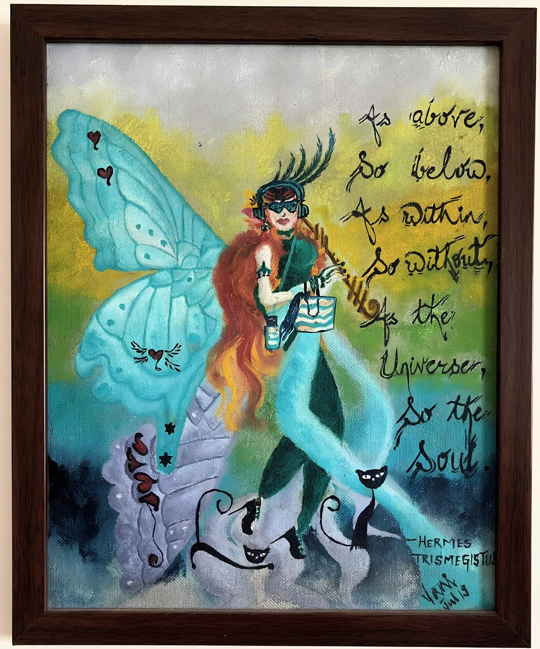As Above, So Below, an original symbolic oil painting by Vani Kaushal featuring a winged contemporary woman, cats and Hermetic words.